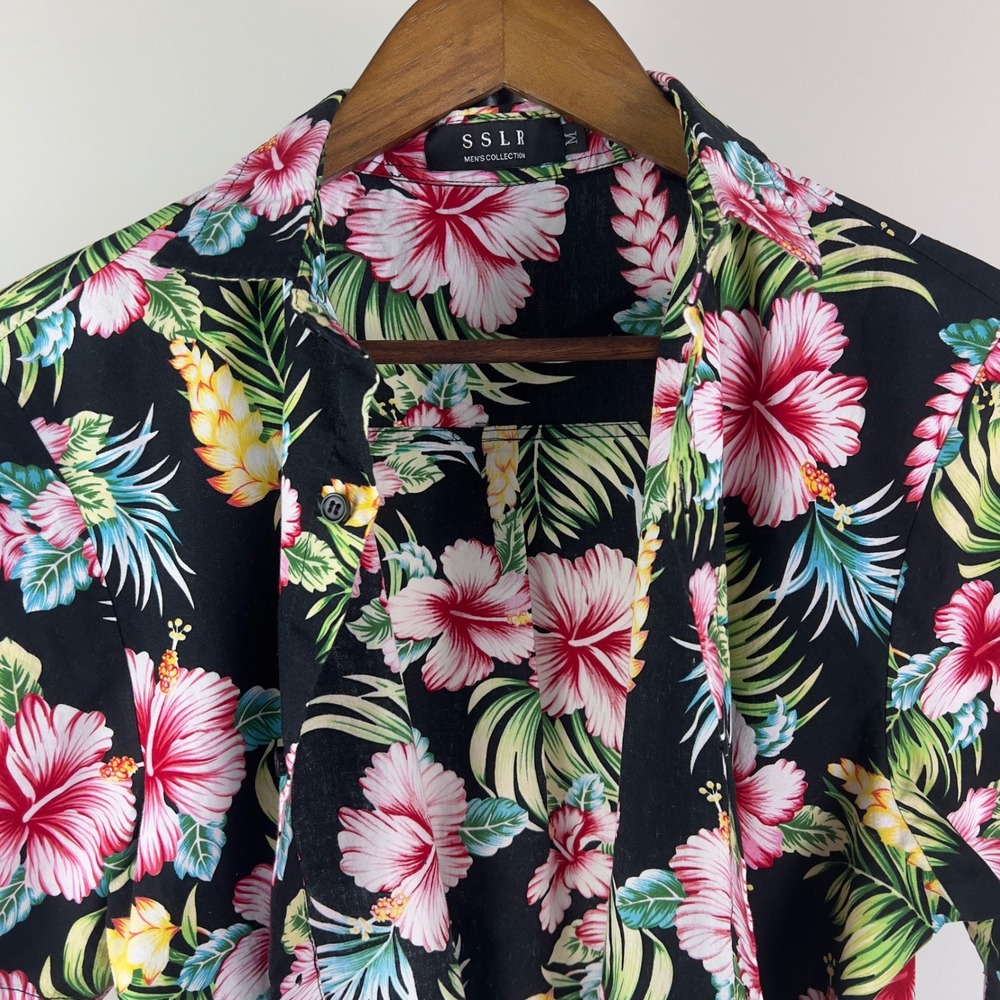 SSLR Mens Tropical Hibiscus Floral Button Down Shirt Black Pink Medium - Picture 2 of 7